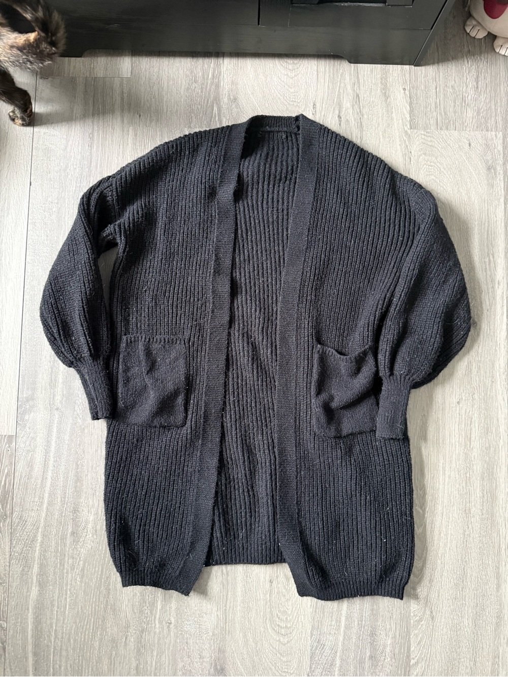 Open-Front Black Ribbed Knit Women's Cardigan